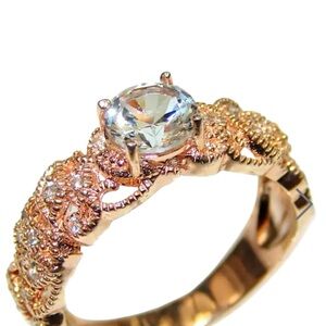 14 Karat Rose Gold Ring Sterling Silver and White Topaz Clear Stone